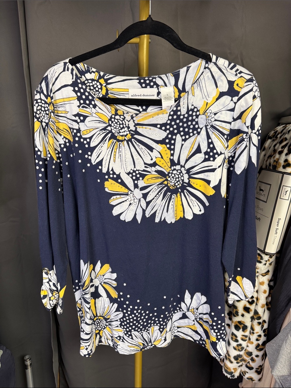 Alfred Dunner Navy Floral Long Sleeve Scoop Neck Top - White & Yellow